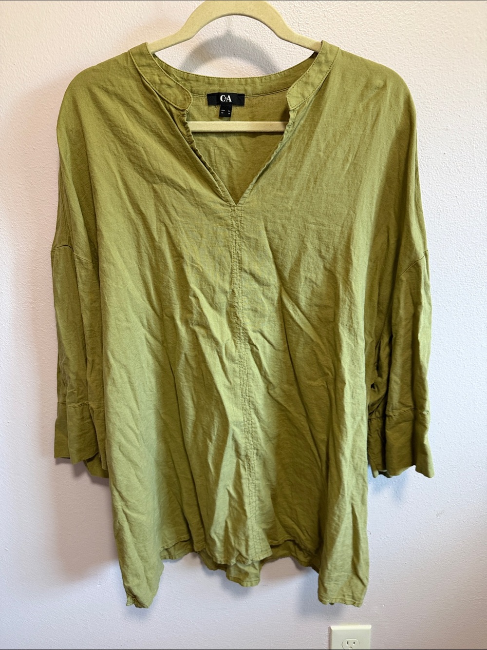 Womens Olive Green Linen Blend Tunic Top